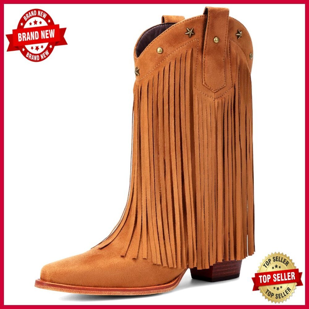 Fringe Cowboy Boots Mid Calf Pointed Toe Chunky Heel Star Studded Western